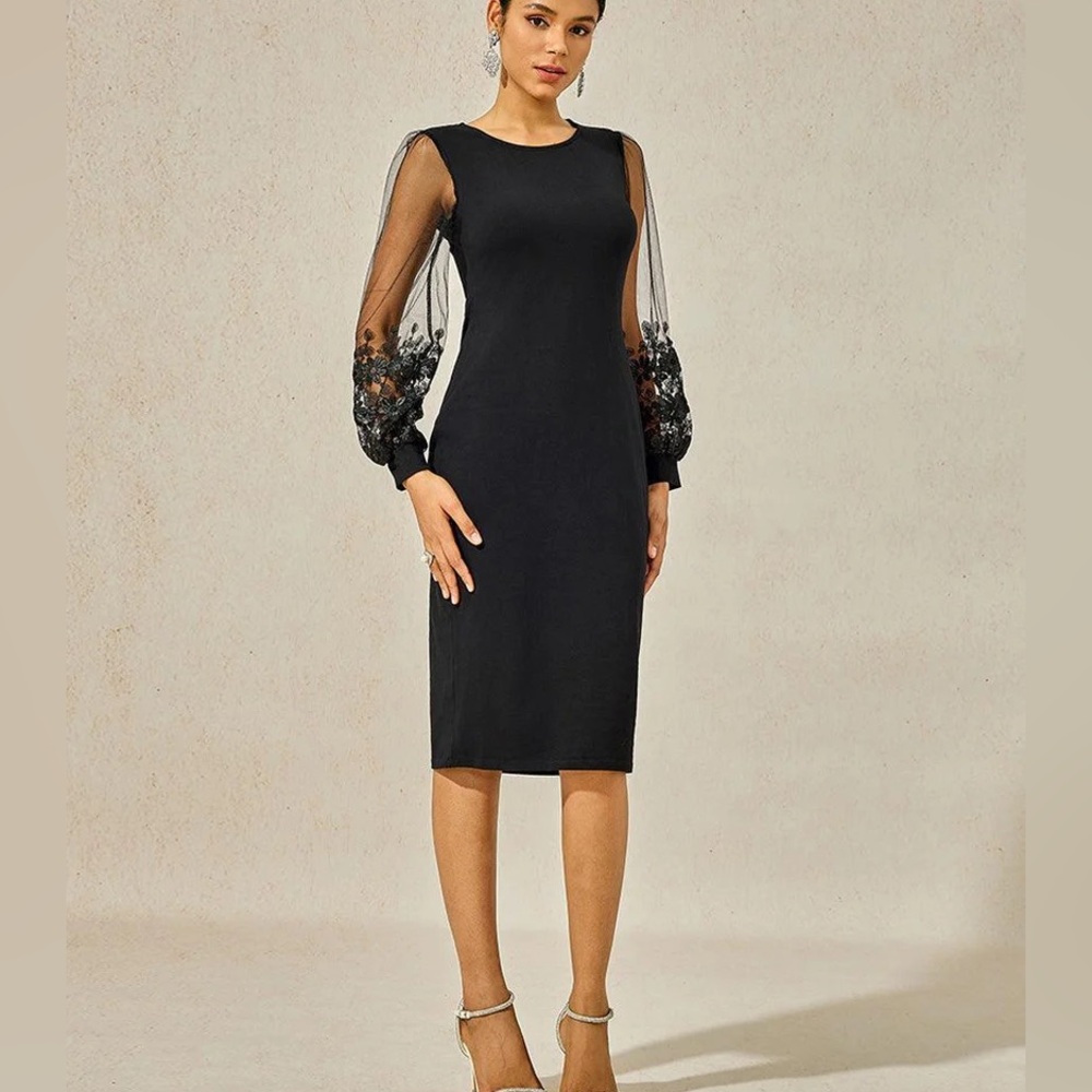 Elegant Black Sheer-Sleeve Bodycon Dress NWT